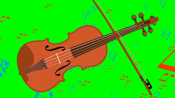 アニメーション ヴァイオリンと緑色の画面上飛んで音楽ノートです。ミュージカル アニメ. - 映像、動画