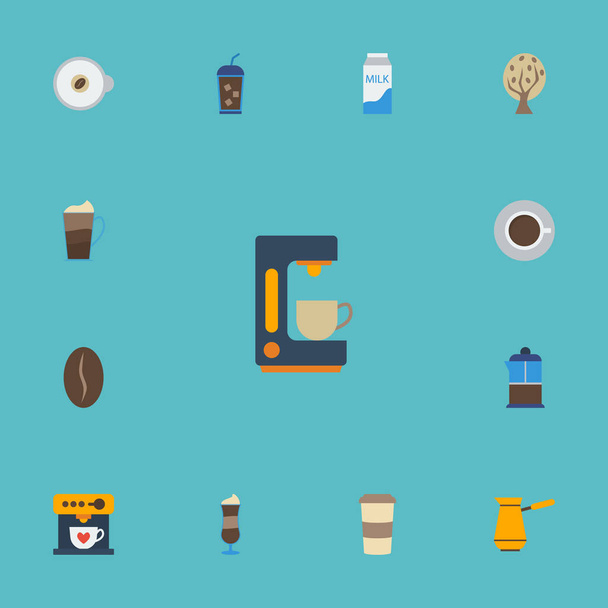 Plastový kelímek ploché ikony, papírové krabice, kávovar a další prvky vektoru. Sada kávové ploché ikony symbolů zahrnuje také Pot, pohár, turecké objekty. - Vektor, obrázek