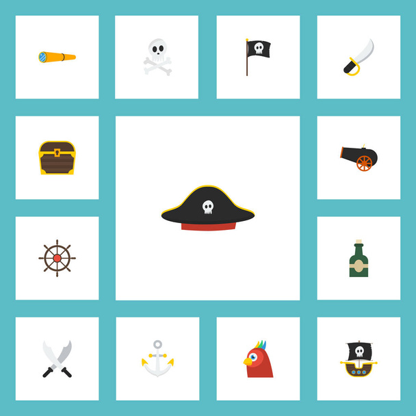 Flat Icons Sabre, Vessel, Macaw and Other Vector Elements. Набор символов "Пиратские плоские иконки" также включает в себя флаг, птицу, предметы управления
. - Вектор,изображение