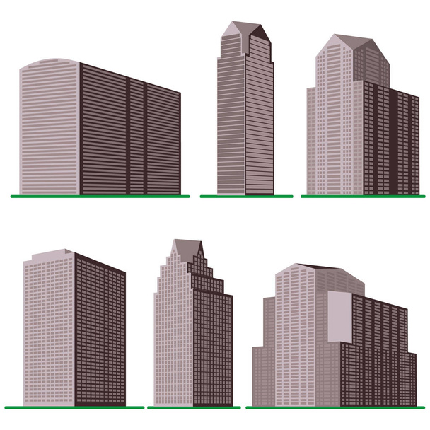 Set aus sechs modernen Hochhäusern auf weißem Hintergrund. - Vektor, Bild