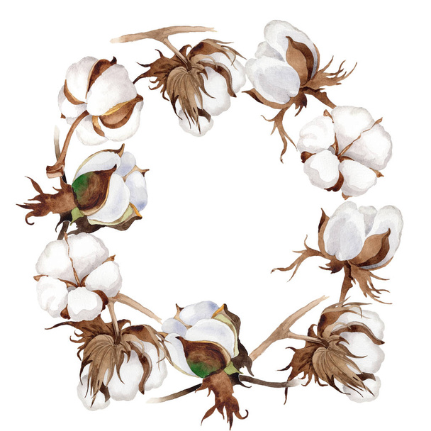 Wildflower cotton flower wreath in a watercolor style. - Fotoğraf, Görsel