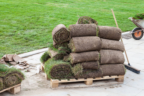 pieces of turf on a wooden pallet near green lawn - Photo, Image