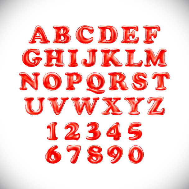 English alphabet and numerals from red, balloons on a white background. holidays and education - Wektor, obraz