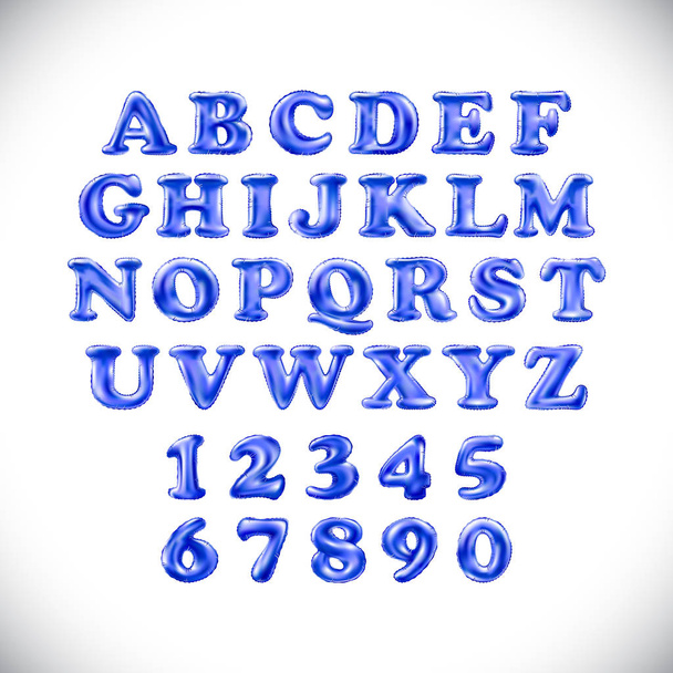 English alphabet and numerals from blue balloons on a white background. holidays and education - Wektor, obraz