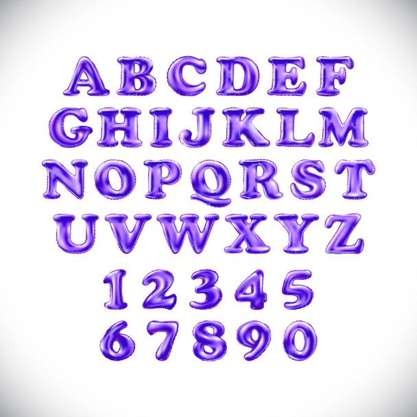 English alphabet and numerals from purple, violet balloons on a white background. holidays and education - Vector, afbeelding