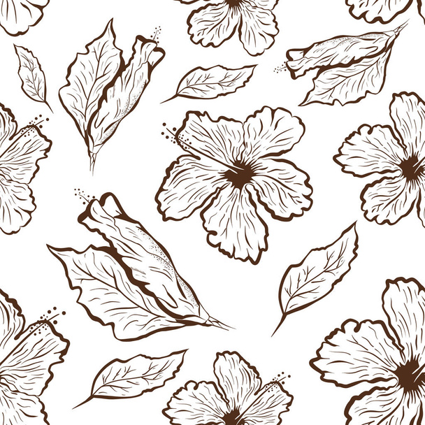 Seamless pattern of Hibiscus flower in tattoo style. Black and white, graphic tropical flower - Vector, Image
