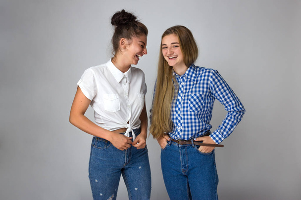 Портрет красивих двох молодих усміхнених сестер на сірому фоні
 - Фото, зображення