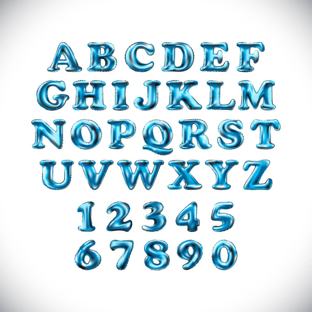 English alphabet and numerals from light blue balloons on a white background. holidays and education - Vektor, obrázek