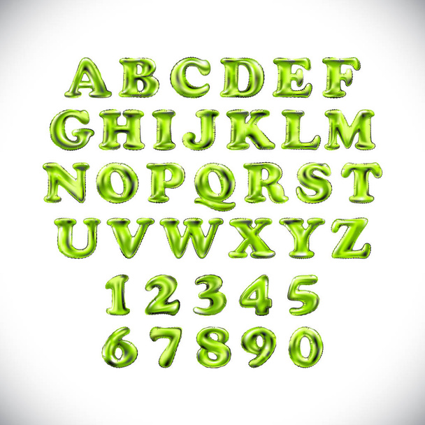 English alphabet and numerals from green balloons on a white background. holidays and education - Vector, afbeelding
