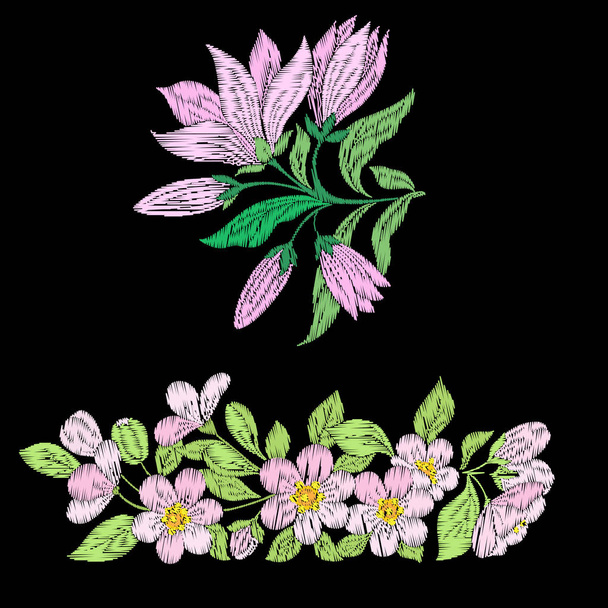 Embroidery imitation with spring flowers magnolia,  sakura leave - Wektor, obraz