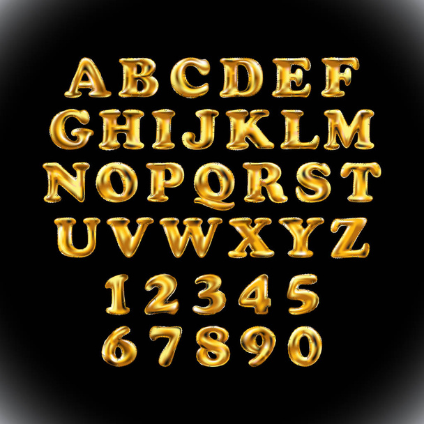 English alphabet and numerals from yellow Golden balloons on a black background. holidays and education - Διάνυσμα, εικόνα