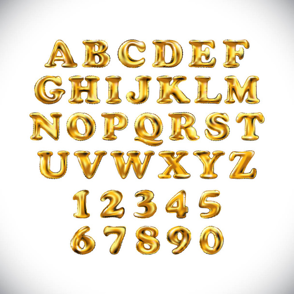English alphabet and numerals from yellow Golden balloons on a white background. holidays and education - Vecteur, image