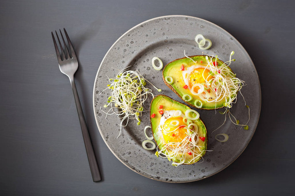 egg baked in avocado with spring onion and alfalfa sprouts - Photo, Image