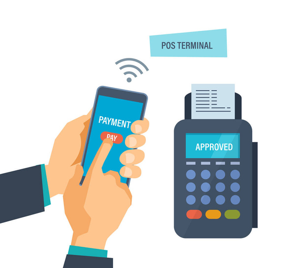 Pos terminal. Financial transactions. Hand presses payment button in phone. - Vettoriali, immagini