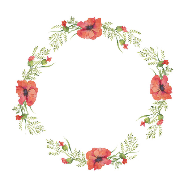 red poppies illustration of watercolor wreath - Foto, afbeelding