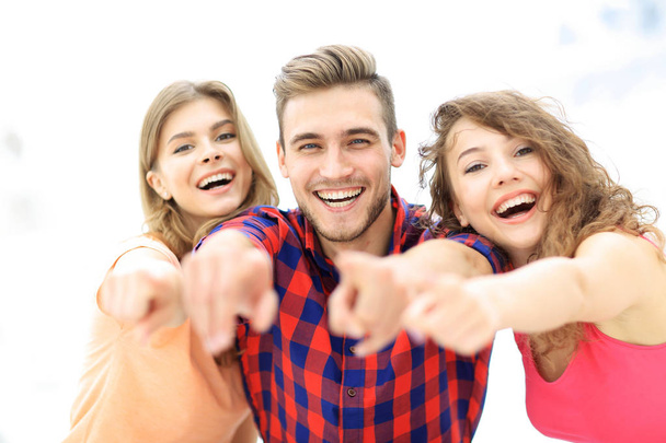 closeup of three happy young people showing hands forward - Foto, Imagem