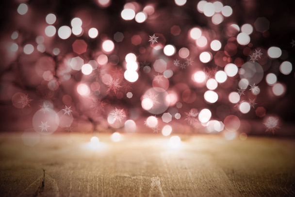 Pink Christmas Lights Background, Party Or Celebration Texture With Wood - 写真・画像