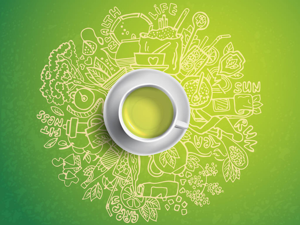 Ρεαλιστική φλιτζάνι πράσινο τσάι με κύκλο doodles. Υγιή στοιχεία σκιαγραφημένο πράσινο τσάι, φυσικά προϊόντα και αντικείμενα που σχετίζονται με πράσινο τσάι, διάνυσμα χέρι επιστήσω την εικονογράφηση. - Διάνυσμα, εικόνα