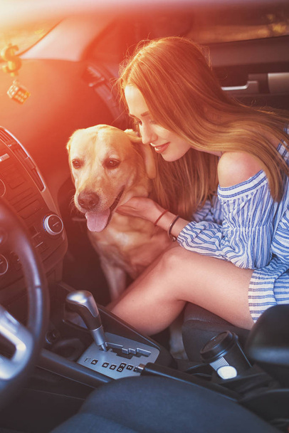 Woman and dog in car on summer travel. Vacation with pet concept. - Foto, Imagen