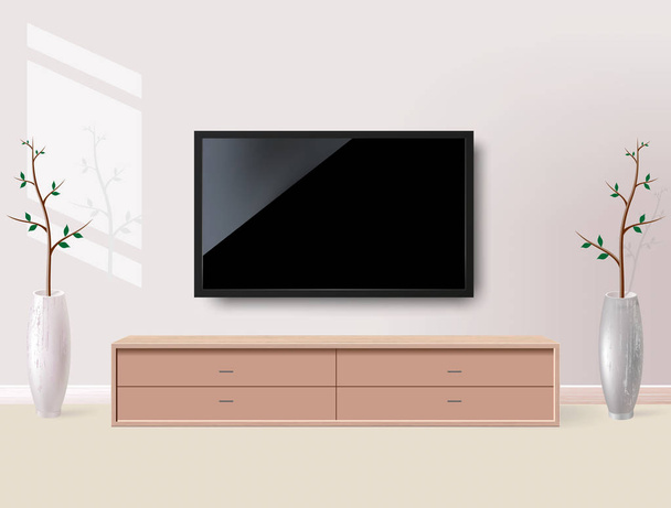 Pantalla de televisión led negra en blanco sobre fondo de pared blanco
 - Vector, Imagen