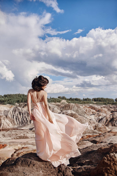 Brunette in pink dress stands on a cliff, the wind ruffles a dress, a tender image of a girl. Fabulous mountain landscape. Woman in the wind. - Foto, Imagen