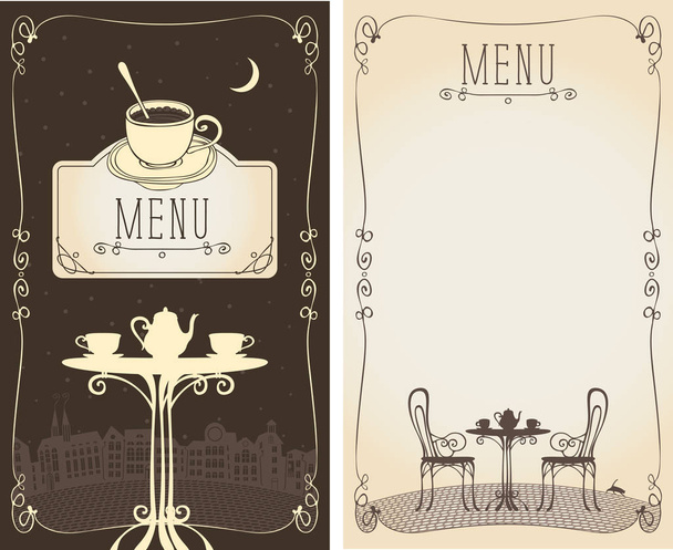 menu with served table, cityscape, moon and cat - Vektor, kép