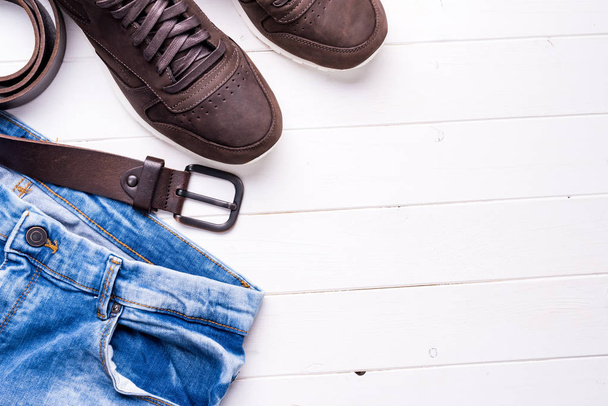 male jeans, belt and shoes with text space - Foto, imagen
