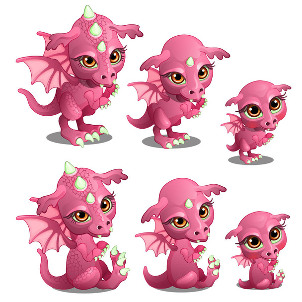 Розовый милый дракон разного возраста, роста, сидит, стоит. Сказочное мультяшное животное для анимации, детских иллюзий и других дизайнерских нужд. Вектор изолирован на белом фоне
 - Вектор,изображение