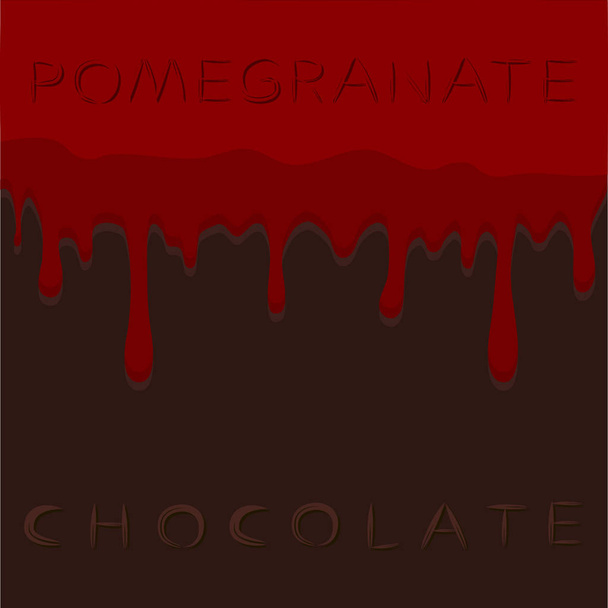 abstrakte Vektor Illustration Logo rote Frucht Granatapfel tropft auf braune Schokolade.  - Vektor, Bild
