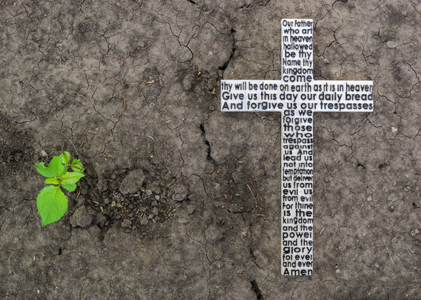 White wooden cross with the Lord's prayer on the ground  background with a green plant. - Photo, Image