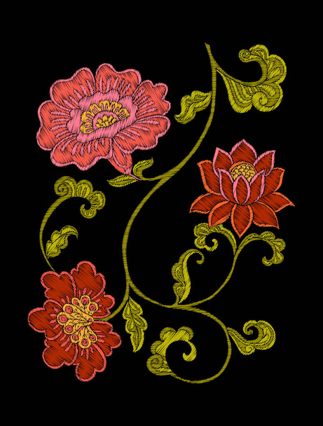 Embroidery. Embroidered design elements with flowers and leaves - Vector, imagen