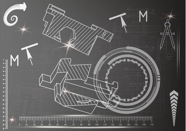 Desenhos de construção de máquinas sobre um fundo preto
 - Vetor, Imagem
