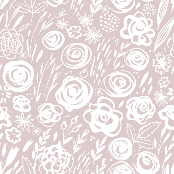 Seamless background with hand drawn flowers and plants. Vector illustration. - Vektör, Görsel