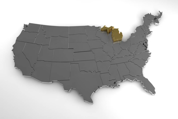 Spojené státy americké, 3d kovové mapu, s Michigan state zvýrazněny. 3D vykreslování - Fotografie, Obrázek