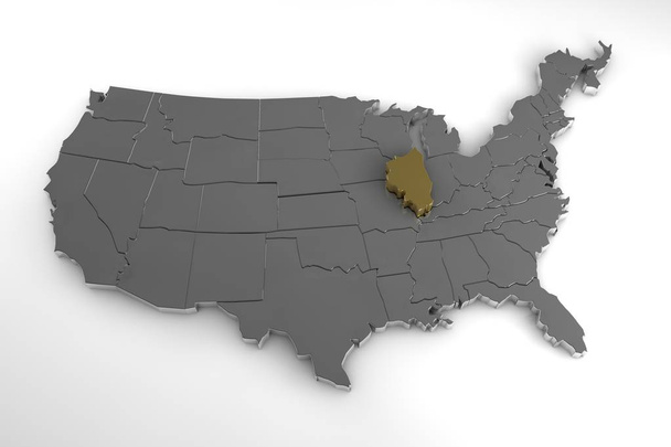 Amerikai Egyesült Államok, 3D-s fémes Térkép, Illinois állam kiemelve. 3D render - Fotó, kép