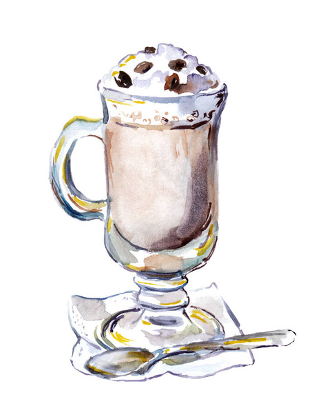 Watercolor painted glass of coffee with foam - Фото, зображення
