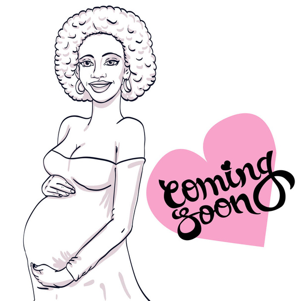  妊娠ドレスでアフリカ系アメリカ人の妊娠中の女性は、母性を用意しています。赤ちゃんの誕生を待っています。 - ベクター画像