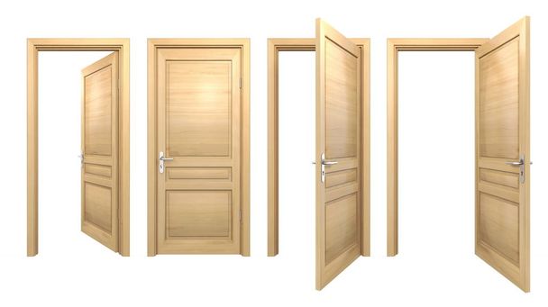 Portas de madeira abertas e fechadas isoladas em branco
 - Foto, Imagem