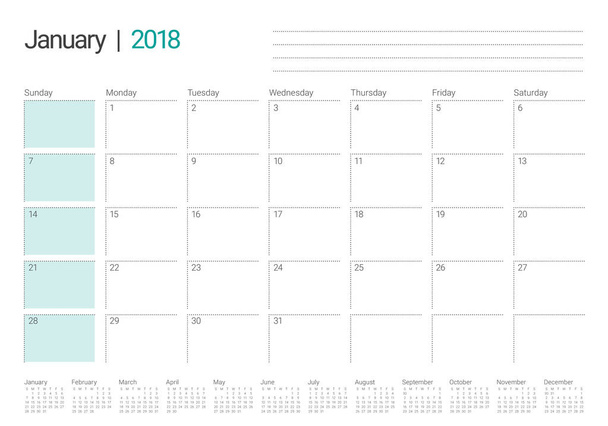 Enero 2018 calendario planificador vector ilustración
 - Vector, imagen