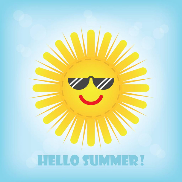 Hei kesä hymyilevä keltainen aurinko emoji kuvake aurinkolasit sinisellä taivaalla
 - Vektori, kuva