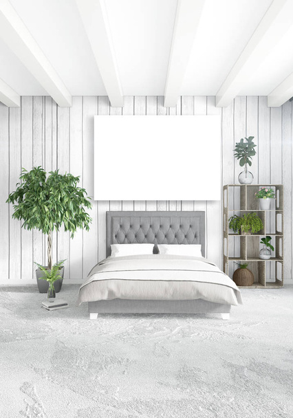 Camera da letto bianca dallo stile minimale Interior design con parete in legno e divano grigio. Rendering 3D. Illustrazione 3D
 - Foto, immagini