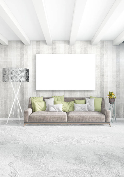 White bedroom minimal style Interior design with wood wall and grey sofa. 3D Rendering. 3D illustration - Foto, Imagem
