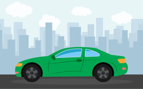 Зелений спортивний автомобіль на фоні хмарочосів вдень
 - Вектор, зображення