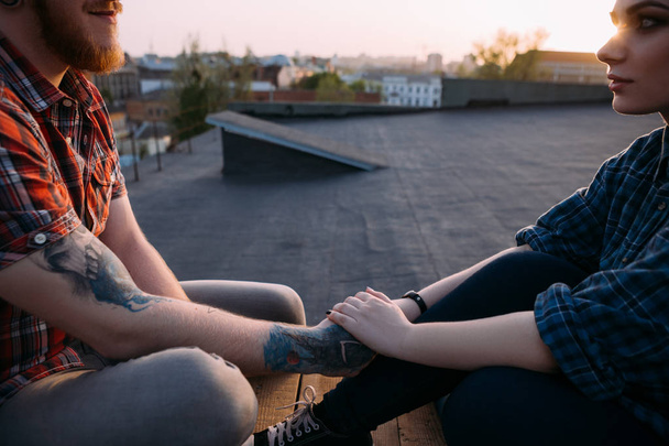 Trustful relationships. Romantic date on roof - Fotó, kép