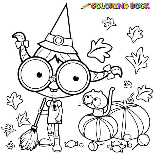 Halloween witch sweeping pumpkin leaves. Black and white coloring page  - Vetor, Imagem