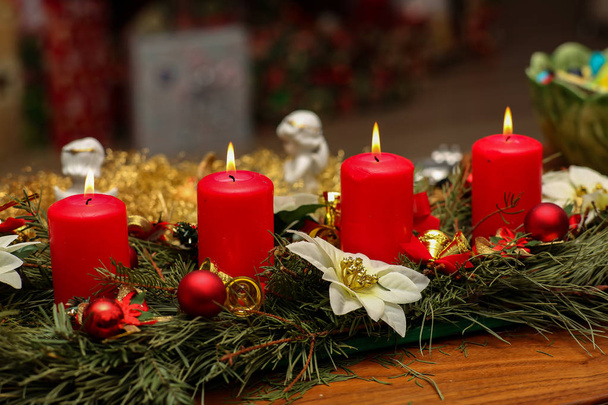 Advent Season, four candles burning. Advent background. - Photo, Image