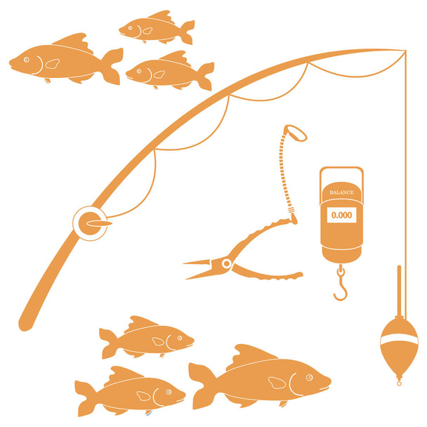 Στυλιζαρισμένη ορίσει διαφορετικά εργαλεία για την αλιεία και τα σμήνη των f - Διάνυσμα, εικόνα