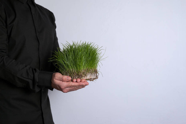 Freiraum für Text, Marketing-Ausbildung und Wirtschaftsinformationen. Mann mit grünem Gras auf weißem Hintergrund - Foto, Bild
