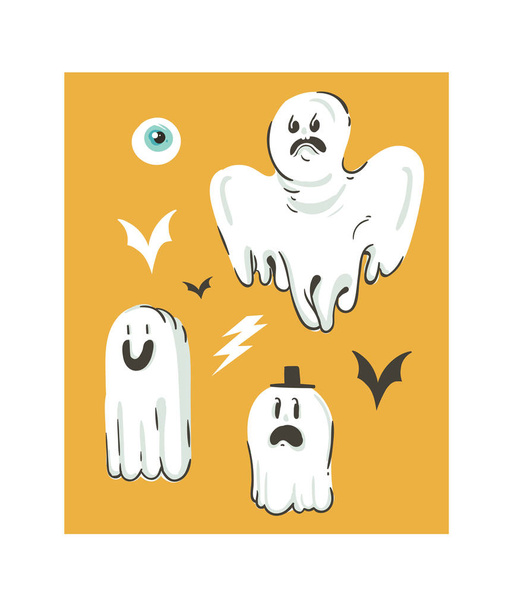 Handgezeichnete Vektor abstrakte Cartoon Happy Halloween Illustrationen Sammlung Set mit verschiedenen lustigen Geistern Dekorationselemente isoliert auf orangefarbenem Hintergrund. - Vektor, Bild
