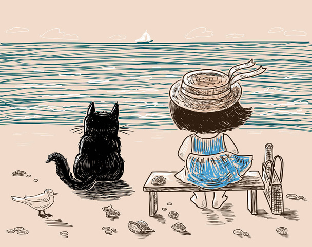 A little girl and her cat are resting on the seashore - Vector, Image